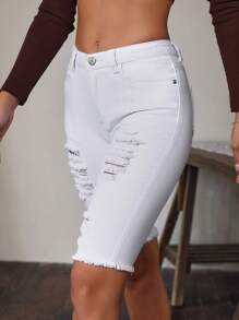 Ripped Raw Hem Biker Denim Shorts - White - View 5