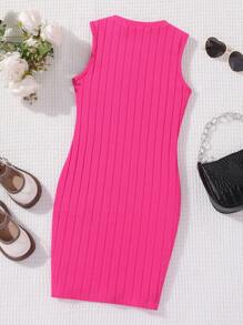 SHEIN Chica preadolescente Vestido con diseño de parche de letra bajo con abertura - Rosa Fucsia - Ver 2