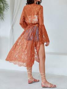 SHEIN VCAY Open Front Sheer Lace Kimono - Orange - View 2