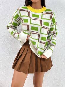 SHEIN Unity 女式休闲几何图案宽松圆领落肩毛衣，秋冬 - 彩色 - 查看 3