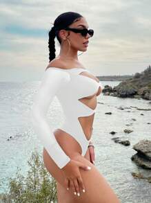 SHEIN SXY Off Shoulder Cut Out Bodysuit - White - View 5