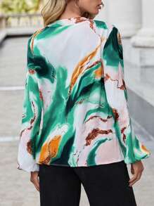 SHEIN Privé Marble Print Lantern Sleeve Blouse - Multicolor - View 2