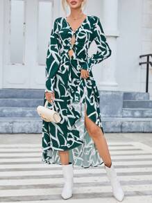 SHEIN Privé Allover Print Cut Out Knot Front Dress - Green - View 3