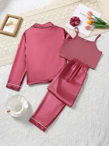 Tween Girl Contrast Piping Satin PJ Set - Pink - View 2