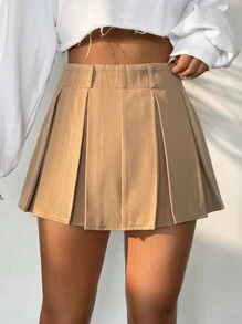 Flirla Solid Pleated Detail Skort - Khaki - View 1