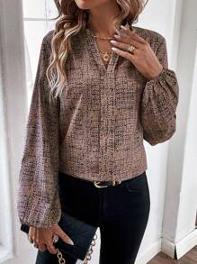 SHEIN Clasi 滿版印花燈籠袖襯衫 - 卡其色 - 查看 3