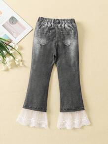 SHEIN Young Girl Contrast Lace Flare Leg Pants
