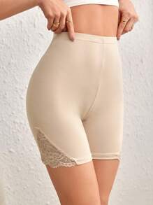 SHEIN LUNE Contrast Lace Biker Shorts - Apricot - View 4