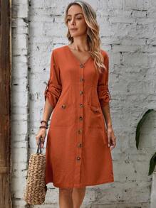 EMERY ROSE 捲邊袖前紐扣雙口袋洋裝 - 亮橙色 - 查看 6