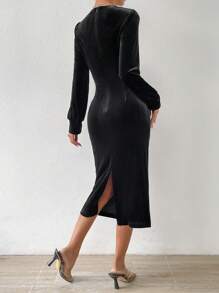 Allurite 前扭結鏤空燈籠袖絲絨緊身洋裝 - 黑色 - 查看 2
