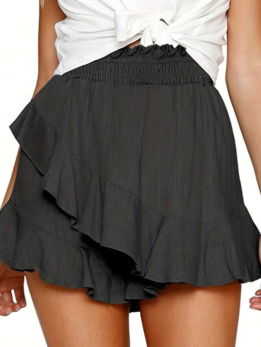 Skort ribete con fruncido de cintura elástica - Negro - Ver 1