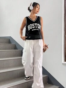 SHEIN EZwear Top tank con estampado de letra ribete de rayas - Negro - Ver 3