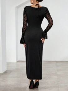 SHEIN Privé Contrast Lace Flare Sleeve Split Thigh Halter Neck Dress - Black - View 2