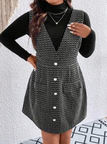 Celure Plus Plaid Pattern Button Front Tweed Overall Dress Without Sweater