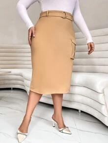 SHEIN Essnce Plus Flap Pocket Belted Skirt - Khaki - View 3