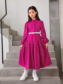 SHEIN Chica preadolescente Vestido camisero de manga farol bajo con fruncido - Rosa Fucsia - Ver 8