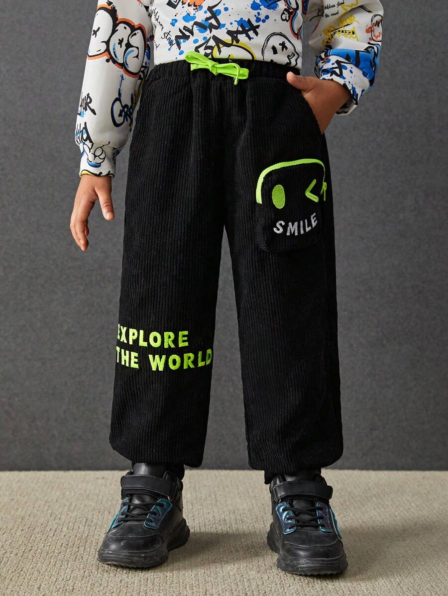 SHEIN Young Boy Slogan Graphic Drawstring Waist Pants - Black - View 1