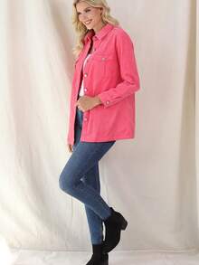 翻蓋口袋前紐扣燈芯絨大衣 - 粉色 - 查看 3