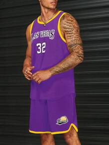 Manfinity RebelGame Men Letter Graphic Contrast Trim Tank Top & Shorts - Violet Purple - View 1