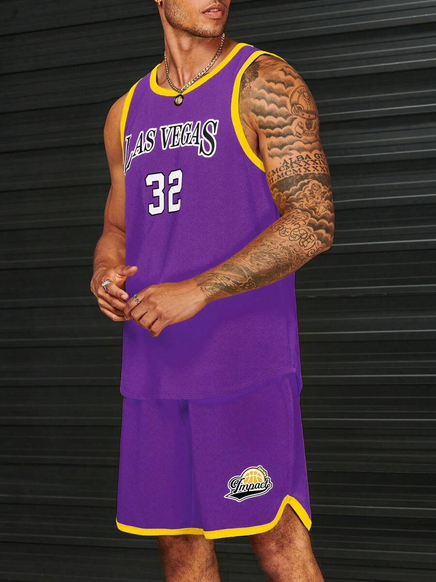 Manfinity RebelGame Men Letter Graphic Contrast Trim Tank Top & Shorts - Violet Purple - View 1