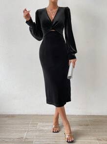 Allurite 前扭結鏤空燈籠袖絲絨緊身洋裝 - 黑色 - 查看 6
