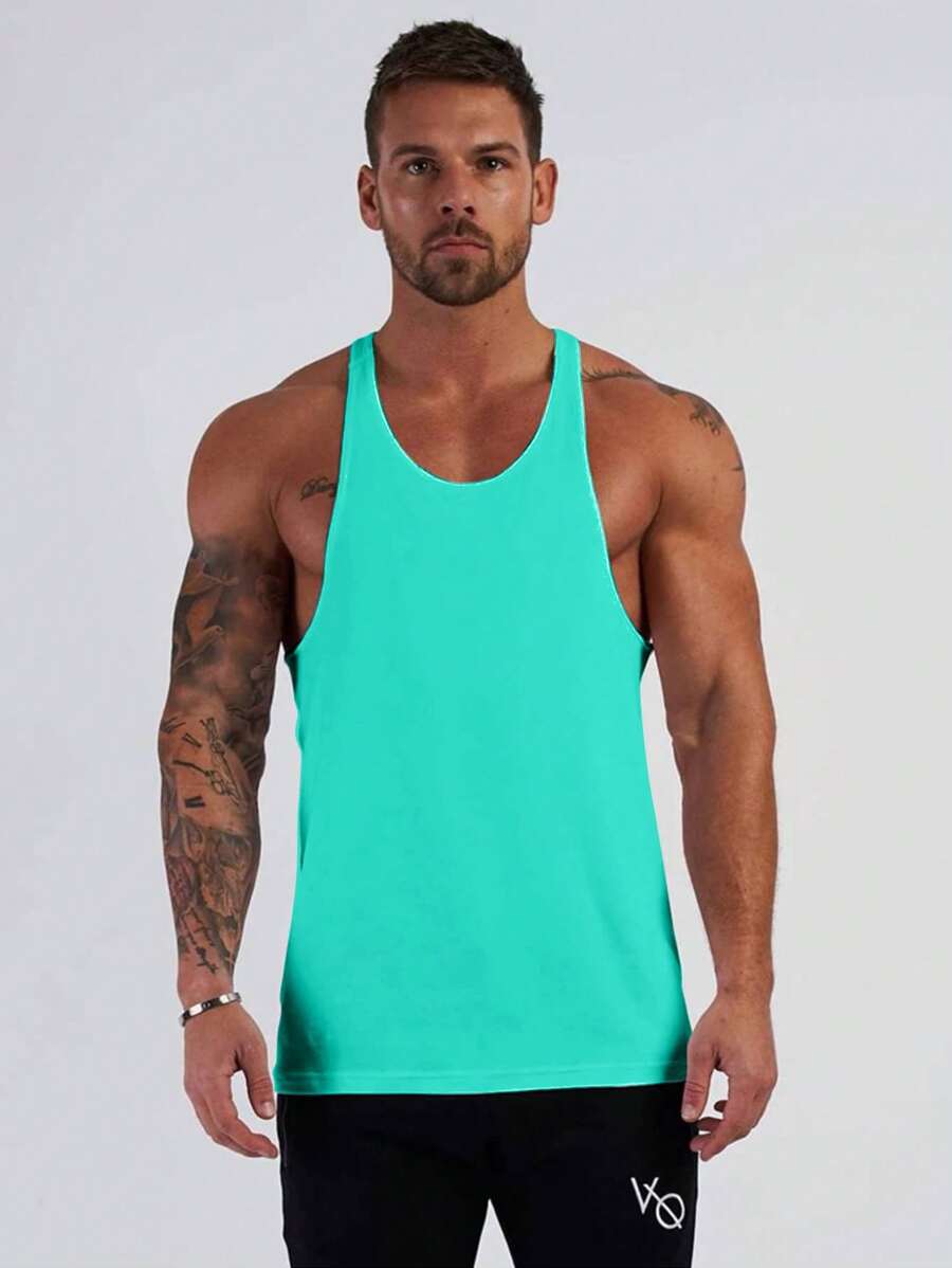 Manfinity Fitness 男式纯色工字背心运动背心健身上衣健身房健身上衣透气健身上衣 - 藍色 - 查看 1