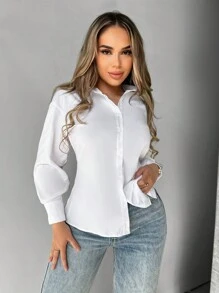 VaVaBold 链条细节露背短款衬衫、长袖上衣 - 白色 - 查看 2
