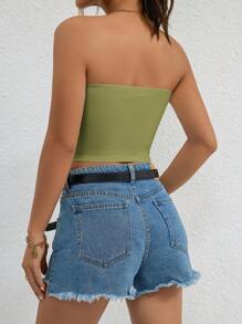 SHEIN Essnce Solid Crop Tube Top - Army Green - View 2