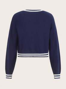 SHEIN Qutie Letter Patched Striped Trim Drop Shoulder Cardigan - Navy Blue - View 2