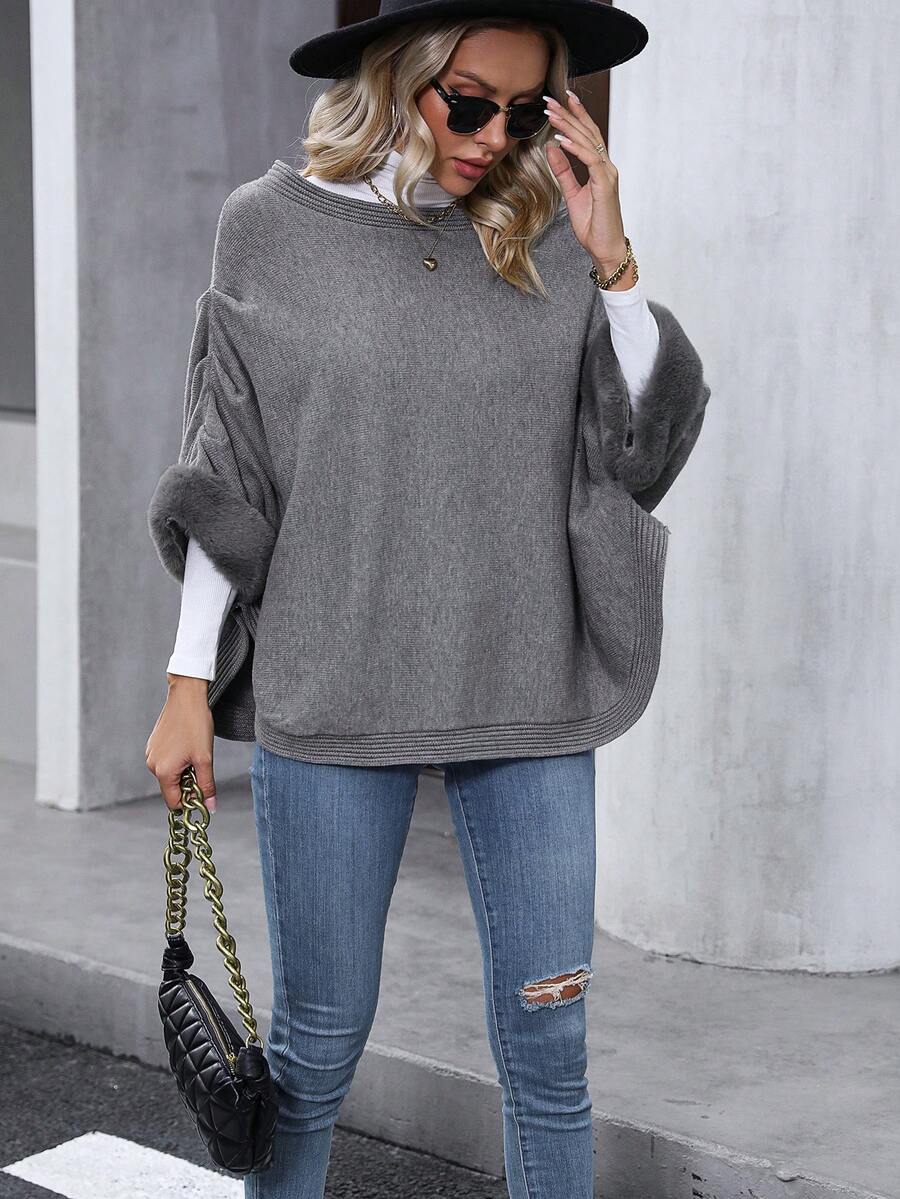 SHEIN LUNE Solid Batwing Sleeve Sweater - Grey - View 1