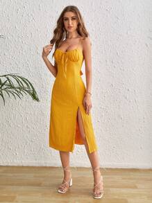 Soleia Tie Backless Split Thigh Cami Dress - Yellow - View 4