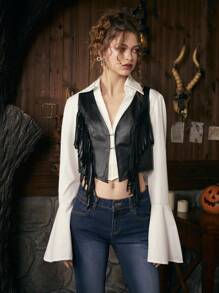 SHEIN SXY 流蘇邊PU皮革夾克背心 - 黑色 - 查看 1