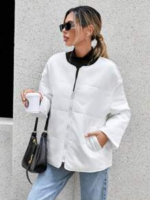 SHEIN Essnce 冬季纯色拉链夹棉大衣 - 白色 - 查看 6