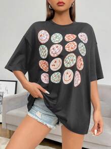 SHEIN EZwear Camiseta de hombros caídos con estampado de dibujos animados - Gris Oscuro - Ver 4