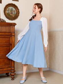 SHEIN Teen Girls Square Neck Two Tone Dress - Baby Blue - View 3