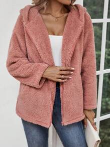 SHEIN LUNE 落肩袖連帽絨毛外套 - 粉色 - 查看 6
