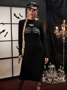 PUNK Vestido de punto Halloween con patrón de esqueleto con abertura de muslo con abertura