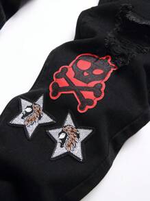 Men Skull & Star Embroidery Ripped Jeans, For Halloween - Black - View 5