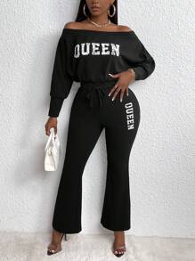 Slaydiva Letter Graphic Off Shoulder Drawstring Waist Flare Leg Jumpsuit - Black - View 3