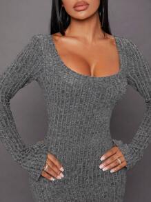 SHEIN SXY 鏤空領口肋編貼身長袖連身裙,派對聚會穿搭、性感時尚生日禮服、情人節派對裝、單身派對裝、春季穿搭 - 灰色 - 查看 6