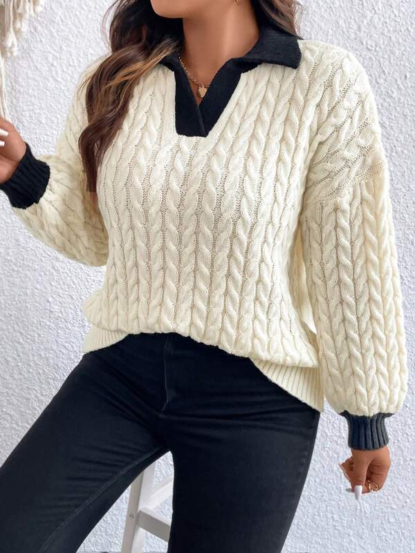 Celure Plus Contrast Trim Drop Shoulder Cable Knit Sweater