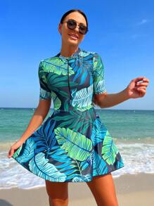 Swim Mulvari Tropical Print Zip Front Burkini With Short Sleeve,Summer BeachArabic Clothing - Multicolor - View 4