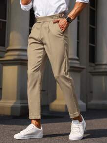 Calvornis Men Fold Pleated Detail Slant Pocket Suit Pants - Khaki - View 3