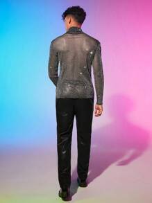 FeverCity Men High Neck Glitter Mesh Tee - Dark Grey - View 6