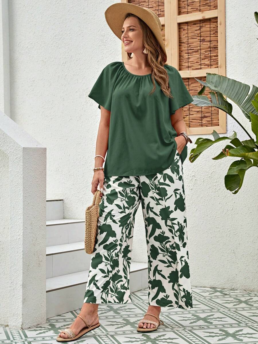EMERY ROSE Plus Solid Top & Floral Print Wide Leg Pants For Summer - Green - View 1