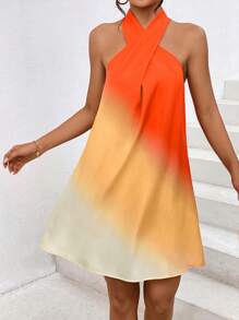 SHEIN Privé Spring Break Halter Neck Blue Gradient Dress - Orange - View 6