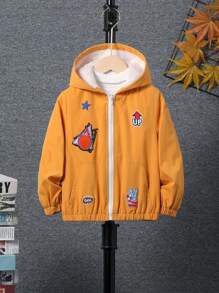 SHEIN 男小童卡通圖案毛絨內襯連帽夾克無毛衣