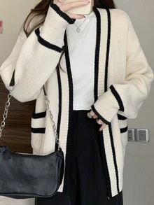 撞色饰边落肩长袖开衫、长袖上衣