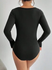 Firerie Pearls Beaded Sweetheart Neck Ribbed Knit Bodysuit - Black - View 2