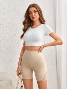 SHEIN LUNE Contrast Lace Biker Shorts - Apricot - View 5